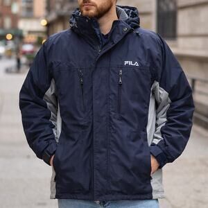 Vintage 90s FILA Winter Jacket Men's XL Navy Fleece Lined Hooded Zip Up Coat